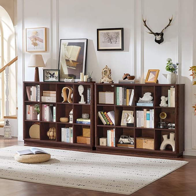 12 Cube Storage Organizer, 41" Large Bookshelf with Curved Edge, Wood Floor Standing 3-Tier Cubby Bookcase w/Base, Vintage Display Storage Cabinet, Book Case for Living Room, Office, Walnut