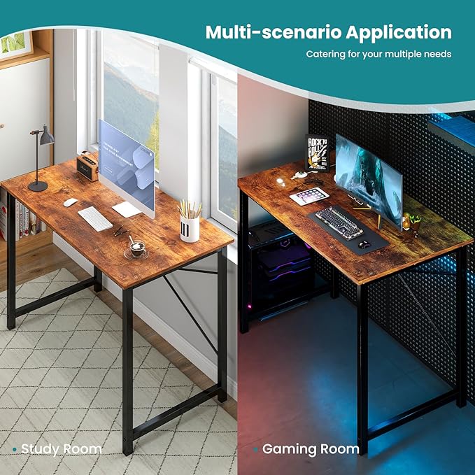 OLIXIS 40 Inch Home Office Desk, Small Computer Gaming Work Table with X-Shaped Reinforcement, Metal Frame Simple Writing Study Table for Bedroom, Rust