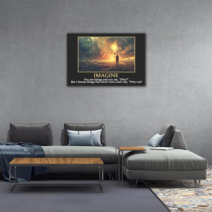 UZMKM - Inspirational Wall Art, Black Background Motivational Mindset Imagine Picture, Quote Saying Canvas Print for Home Office Decor, Company Poster Framed Artwork for Office Wall Decor 32x48 Inch
