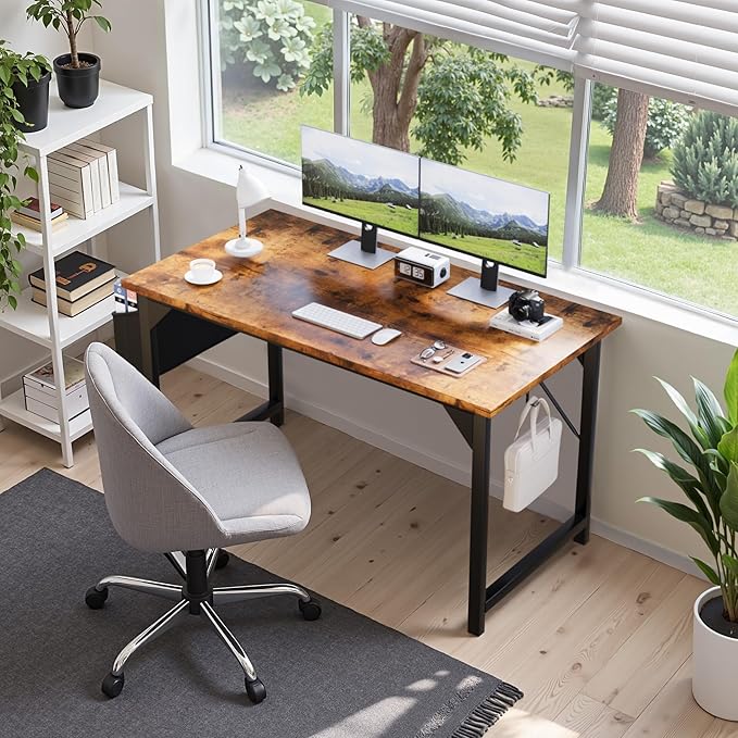 Shahoo 40 Inch Computer Desk, Wood Modern Simple PC Home Office Table for Small Spaces with Storage Bag and Headphone Hook for Home, Office, Study, Writing, Rustic Brown