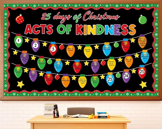 Christmas Bulletin Board Set Christmas Kindness Classroom Decoration Xmas Countdown Bulletin Board Winter Xmas Star Colorful Light Bulb Cutouts for Holiday Classroom Home School Chalkboard Wall Decor