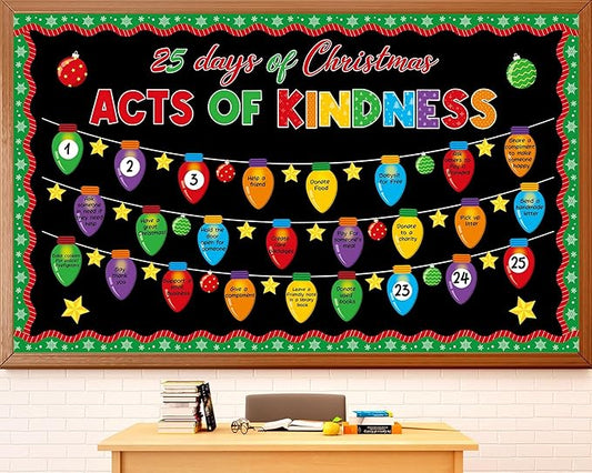 Christmas Bulletin Board Set Christmas Kindness Classroom Decoration Xmas Countdown Bulletin Board Winter Xmas Star Colorful Light Bulb Cutouts for Holiday Classroom Home School Chalkboard Wall Decor