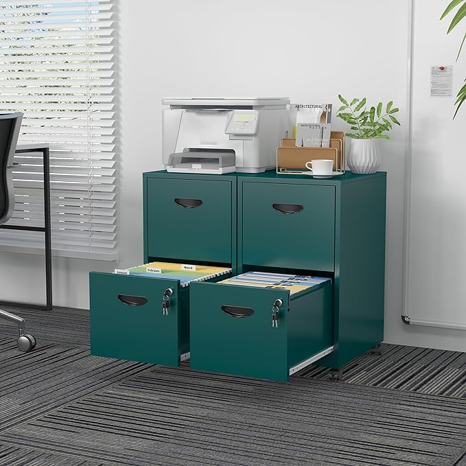 2 Drawer File Cabinet with Lock,Green Rolling File Cabinet for Home Office,Printer Stand, Metal Small Mobile Filing Cabinets on Wheels for Hanging Letter