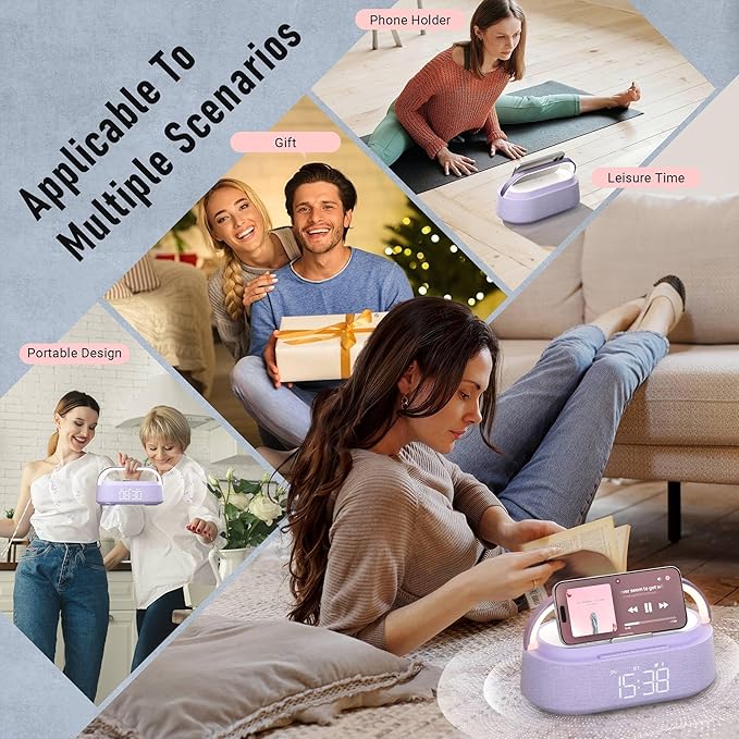 FREEFISH Bluetooth Speaker with Wireless Charger, FM Radio, Dimmer Night Light, Phone Holder, Wireless Charging Speakers for iPhone Samsung, Bedrooms Home Office Gifts