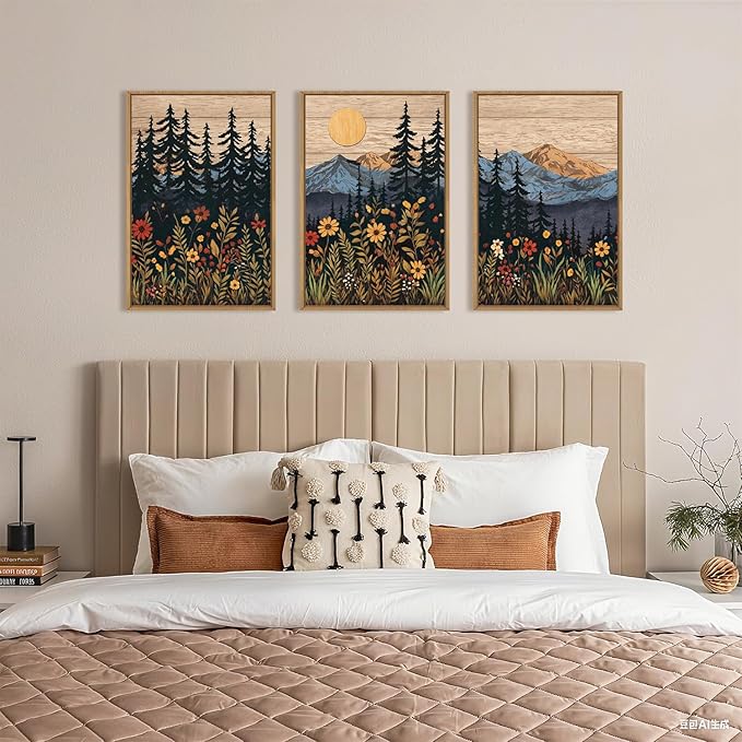 Houria Mid Century Woodland Mountain Framed Canvas Wall Art Set,Vintage Natural Sunset Wildflower Forest Field Decor,Wilderness Boho Floral Pine Tree Landscape Artwork for Living Room,Office-24"x36"x3