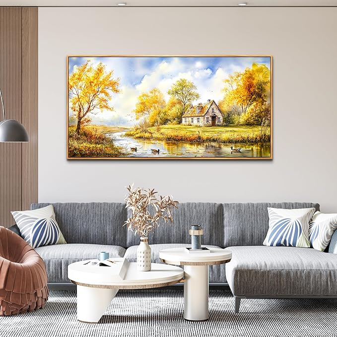 ERQINHUA Large Wall Decoration Canvas For Bedroom Wall Art For Living Room Office Decor Yellow Pastoral Creek Landscape Painting Wood Frame Pictures Art Print Farmhouse Home Wall Aesthetics 24"x48"