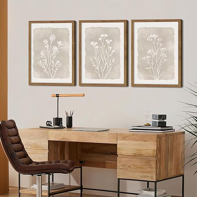 Framed Boho Botanical Flower Wall Art Set of 3, Vintage Minimalist Neutral Floral Wall Decor Paintings, Rustic Farmhouse Wildflower Artwork Prints Picture for Living Room Bedroom Bathroom 12x16 Inch