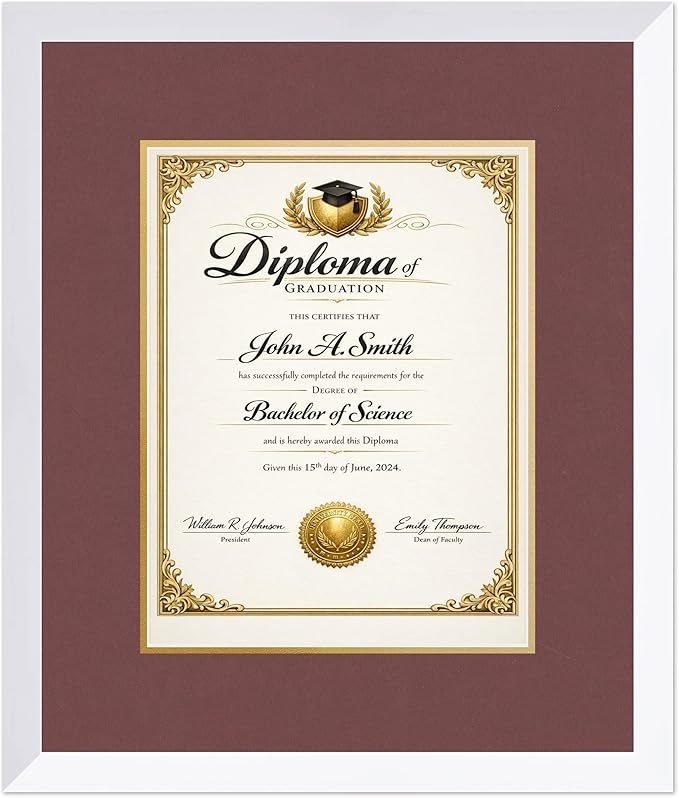 CountryArtHouse Diploma Frame Fits 10 x 13 College Diploma (Portrait Traditional) - Keepsake Graduation D Bright White Genuine Hardwood with Dark Red Over Metallic Gold Double mat