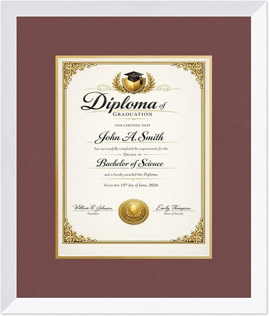 CountryArtHouse Diploma Frame Fits 10 x 13 College Diploma (Portrait Traditional) - Keepsake Graduation D Bright White Genuine Hardwood with Dark Red Over Metallic Gold Double mat