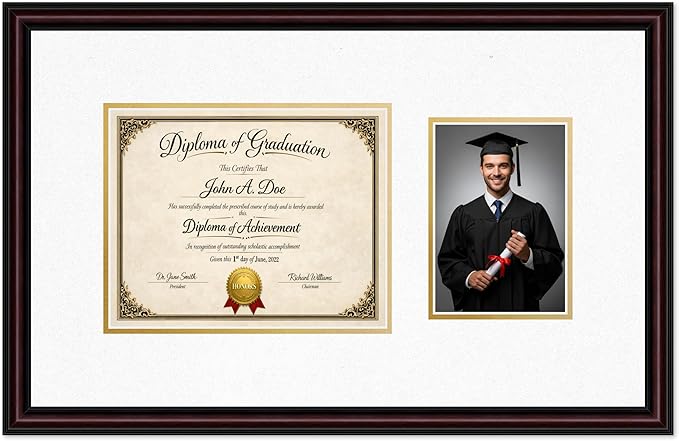 Diploma Frame With Photo Opening Executive Brown Oyster Shell Over Gold Mat - Fits 10 x 8 Degree and Picture Made in the USA