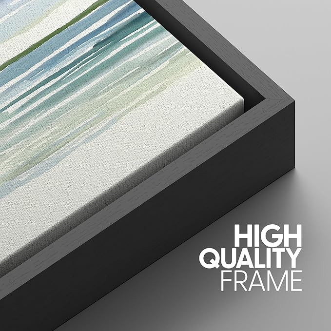 SIGNWIN Framed Canvas Print Wall Art Set Blue Watercolor Ocean Scene Coastal Beach Horizon Illustrations Modern Art Decorative Abstract for Living Room, Bedroom, Office - 24"x36"x3 Black