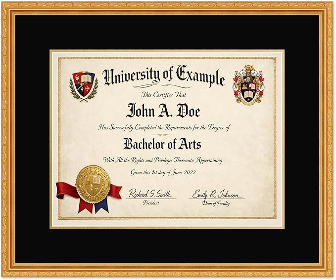 CountryArtHouse Diploma Frame Fits 17 x 13 International Diploma - Keepsake Graduation Display Museum Gold Genuine Hardwood with Black Over Metallic Gold Double mat
