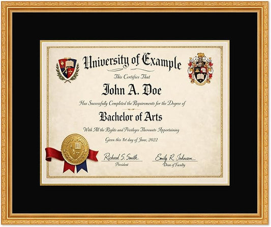 CountryArtHouse Diploma Frame Fits 17 x 13 International Diploma - Keepsake Graduation Display Museum Gold Genuine Hardwood with Black Over Metallic Gold Double mat