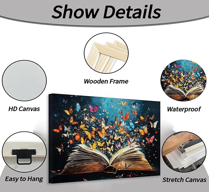 Colorful Butterfly Book Canvas Wall Art Butterfly Emerging From Book Picture Wall Decor Reading Enthusiasts Poster Print for Library Reading Room Bedroom Modern Reading Concept Home Decoration