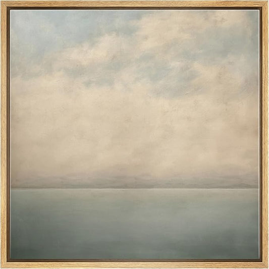 SIGNWIN Framed Canvas Print Wall Art Serene Ocean Horizon Soft Blue and Beige Coastal Landscape with Clouds Illustrations Decorative Boho Relax/Zen for Living Room, Bedroom, Office - 16"x16" Natural