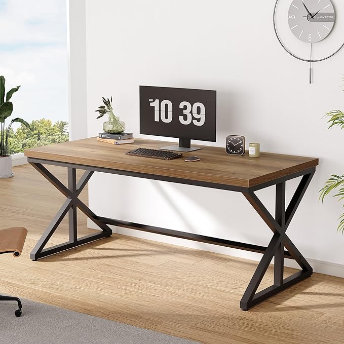 IBF Rustic Office Desk Table, Industrial Long Wood Computer Desk for Home Office, Modern Large Wide Simple Pc Gaming Workstation Executive Writing Desks Big Table for Work Study, Rustic Oak, 60 Inch