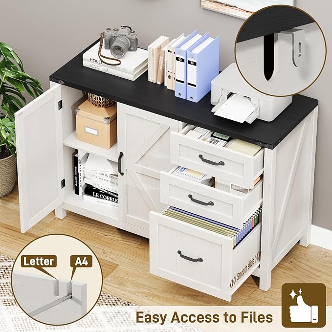 3 Drawer File Cabinet, Farmhouse Lateral Filing Cabinet with Doors for Letter/A4 Size Hanging Files, Large Wood Storage Cabinets Printer Stand with Adjustable Shelf for Home Office, White and Black