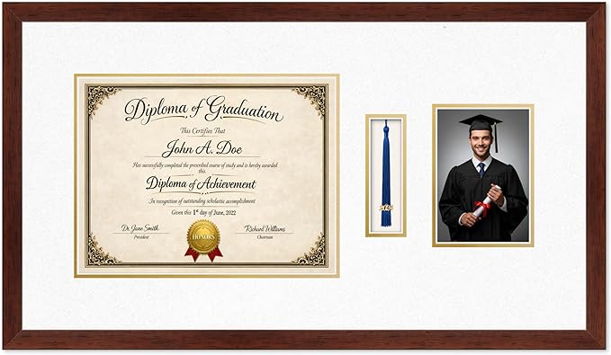 Diploma Tassel and Photo Frame Rustic Walnut Shadowbox Oyster Shell Over Gold Mat - Fits 13 x 10 Degree Picture Made in the USA