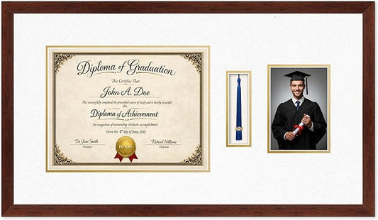 Diploma Tassel and Photo Frame Rustic Walnut Shadowbox Oyster Shell Over Gold Mat - Fits 13 x 10 Degree Picture Made in the USA