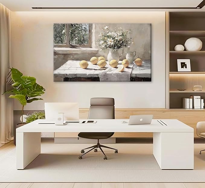 XXOUYLQ Vintage Kitchen Wall Art Yellow Lemon Still Life Pictures Daisy oil Painting Poster Rustic Farmhouse Artwork Posters White vase Canvas Bedroom Bathroom Wall Decor Kitchen Prints frame 12x24in