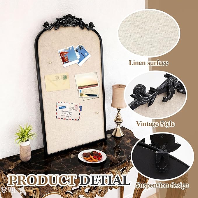 Vintage Framed Pin Board Linen Display Bulletin Board Large Cork Fabric Picture Photo Pinboard Memo Ornate Decorative Pinboard Ornate for Wall Gift(Arch,13" X 25",Retro Black)