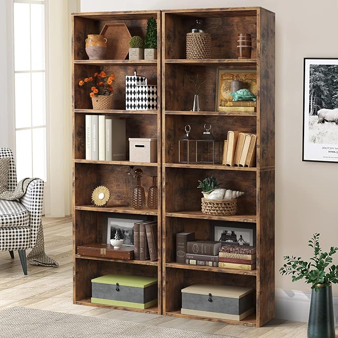 oneinmil 6 Tier Bookshelf and Bookcase, Wooden Bookshelves with Cabinet Doors, Floor Bookshelves and Office Storage Cabinets for Home Office, Living Room,Brown
