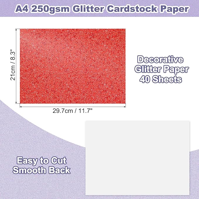 PATIKIL 40Sheets Red Glitter Cardstock, 8.3x11.7 in A4 Glitter Paper Card Stock Shiny Scrapbook 250gsm Sparkly Paper Large Shimmer for Crafts Scrapbook DIY Art Wedding Party