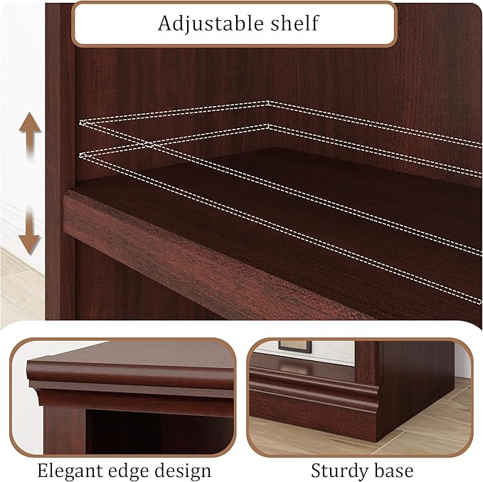 blini Low Horizontal Bookshelf Double Wide 64" 2-Tier Bookcase 4 Cube Storage Organizer Cherry Wood Bookcases for Bedroom and Home Office Decor Display