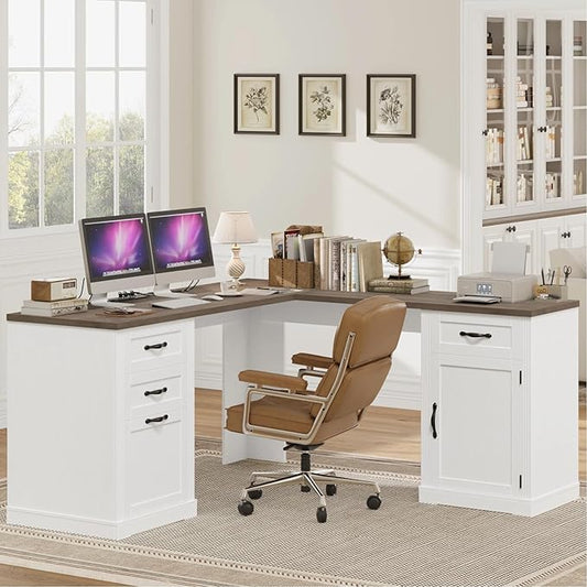 HIFIT Farmhouse Executive L Shaped Desk with Power Outlets, 60" Corner Computer Desk with 3 Storage Drawers & 2 File Cabinets, L Shaped Home Office Desk for Study, White