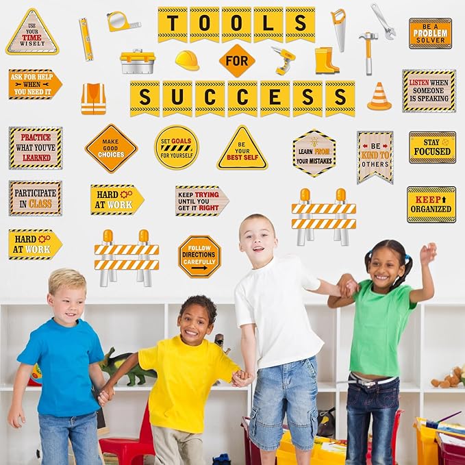 Outus 47 Pcs Construction Bulletin Board Set Construction Cutouts Tools for Success Classroom Decorations for Kid Students Back to School Gifts Birthday Party Supplies