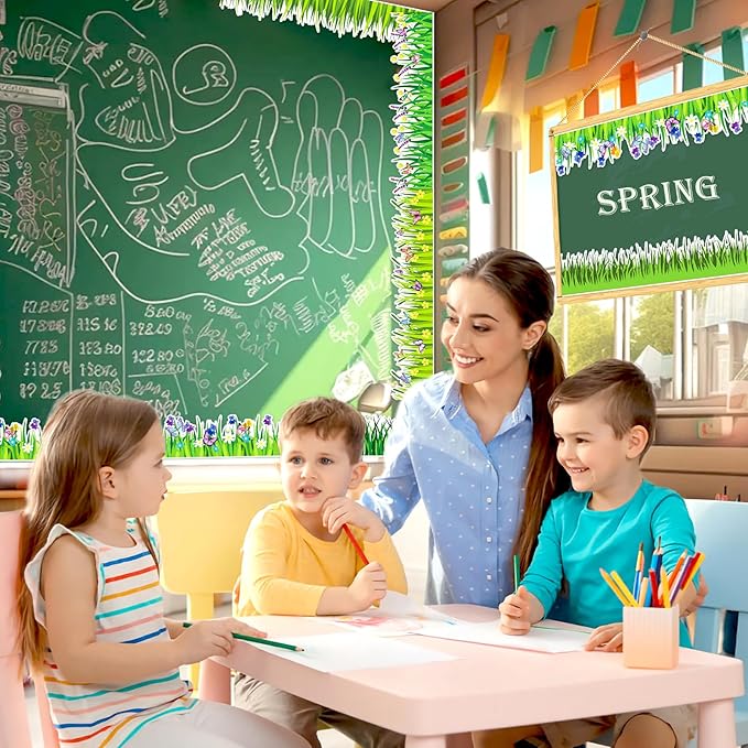 Konsait Bulletin Board Borders Set, 55Ft Green Grass Border for Bulletin Board, Self-Adhesive Butterfly Flower Bulletin Board Border, Bulletin Borders for Classroom Home Office