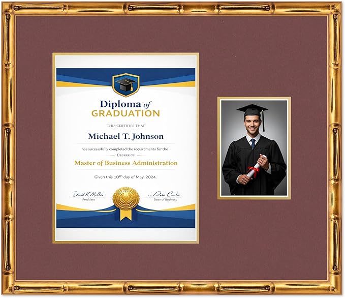 Diploma Frame With Photo Opening Gold Bamboo Dark Red Over Gold Mat - Fits 10 x 13 Degree and Picture Made in the USA