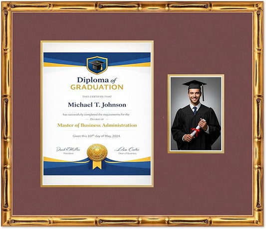 Diploma Frame With Photo Opening Gold Bamboo Dark Red Over Gold Mat - Fits 10 x 13 Degree and Picture Made in the USA