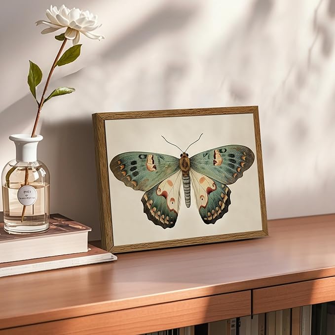 AVECCO Framed Butterfly Print on Canvas Vintage Wall Art, Rustic Farmhouse Wall Decor, Funny Unique Animal Art Prints for Bathroom Bedroom Living Room Office Home Decoration Ready to Hang 8x10 Inch