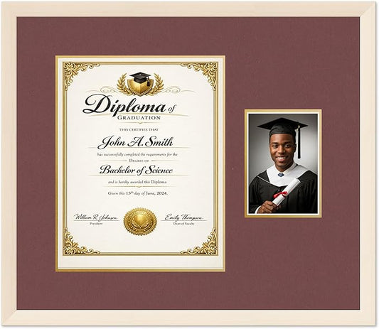 CountryArtHouse Fits 11 x 14 College Diploma (Portrait) and 5 x 7 Photo Diploma and Photo Frame Coastal Whitewash Genuine Hardwood with Dark Red Over Metallic Gold Double mat