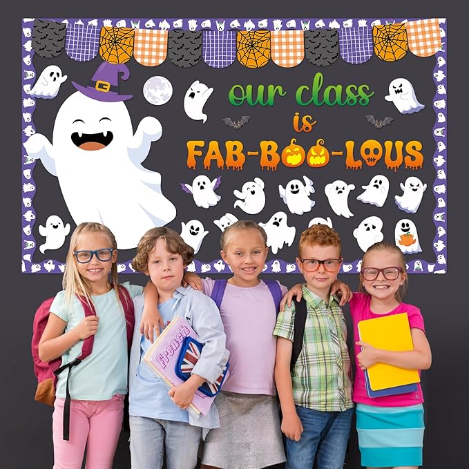 Halloween Ghost Bulletin Board Set Boo Ghost Bat Patterned Classroom Decorations Cute Halloween Paper Cutouts for Office School Birthday Chalkboard Wall Door Decor