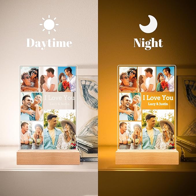 Custom Picture Frames with Photo, Personalized Photo Frame with Night Light, Customized Picture Frame, Personalized Anniversary Birthday Gifts for Women Men Her Him Girlfriend Boyfriend Couple