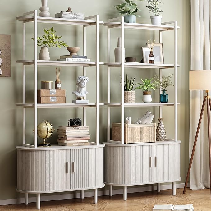 ONBRILL 71" Tall Bookshelf, 4-Tier Book Shelf with Storage Cabinet, Modern Bookcase with Sliding Door and Adjustable Footpad, Freestanding Storage Organizer Bookshelf for Living Room, Natural White