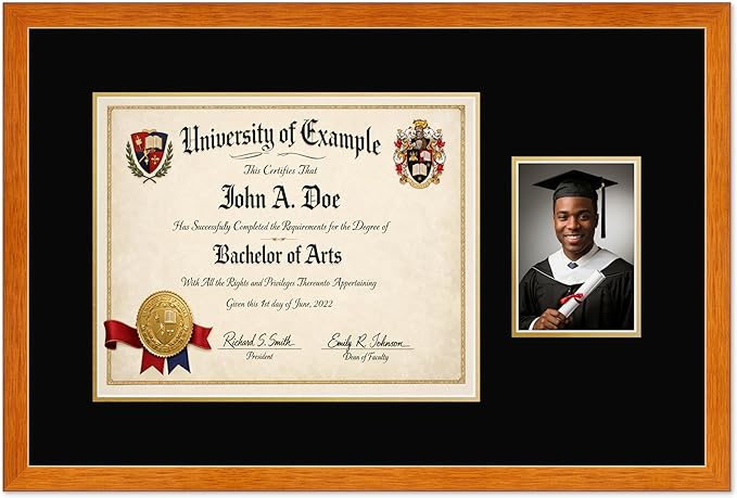 CountryArtHouse Fits 15 x 12 Military/Government and 5 x 7 Photo Diploma and Photo Frame Honey Oak Genuine Hardwood with Black Over Metallic Gold Double mat