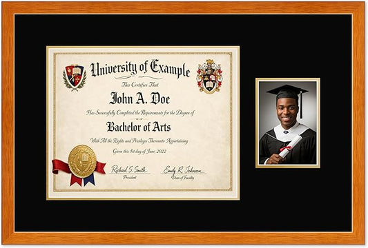 CountryArtHouse Fits 15 x 12 Military/Government and 5 x 7 Photo Diploma and Photo Frame Honey Oak Genuine Hardwood with Black Over Metallic Gold Double mat