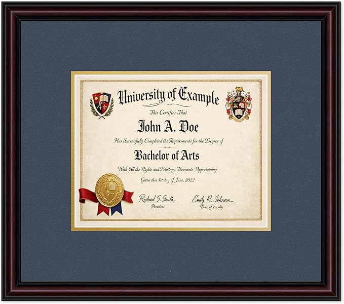 CountryArtHouse Diploma Frame Fits 10 x 8 Professional License - Keepsake Graduation Display Executive Brown Genuine Hardwood with Navy Blue Over Metallic Gold Double mat