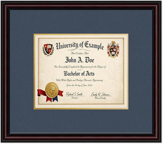 CountryArtHouse Diploma Frame Fits 10 x 8 Professional License - Keepsake Graduation Display Executive Brown Genuine Hardwood with Navy Blue Over Metallic Gold Double mat