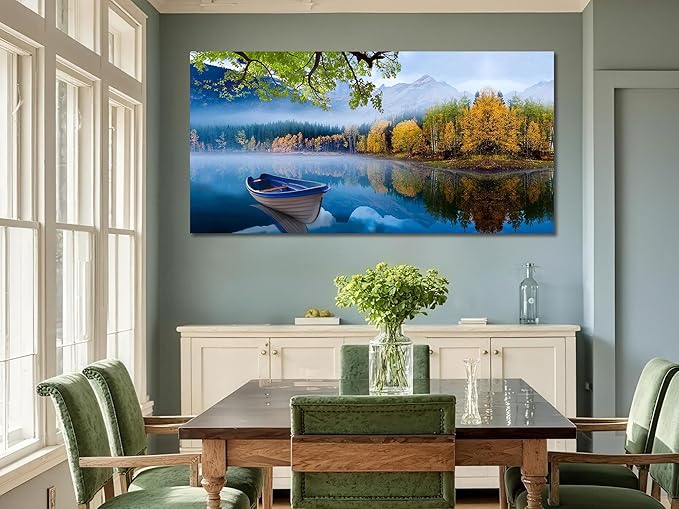 Arjun Landscape Wall Art for Living Room Lake Canvas Blue Picture Bedroom, Nature Boat Artwork Modern Nature Painting Framed Large Home Office Dining Room Wall Decor 48"x24"