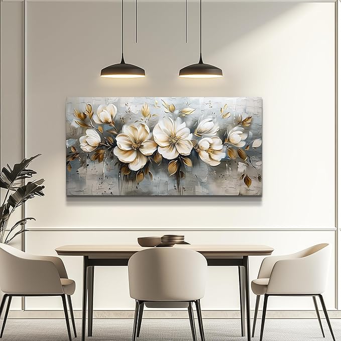 PHAOHUAXM Large Canvas Wall Art For Bedroom Wall Decoration For Living Room Restaurant Office Mural Abstract White Flowers Paintings Printing Artwork Modern Posters Home Decor Ready To Hang 24"x48"