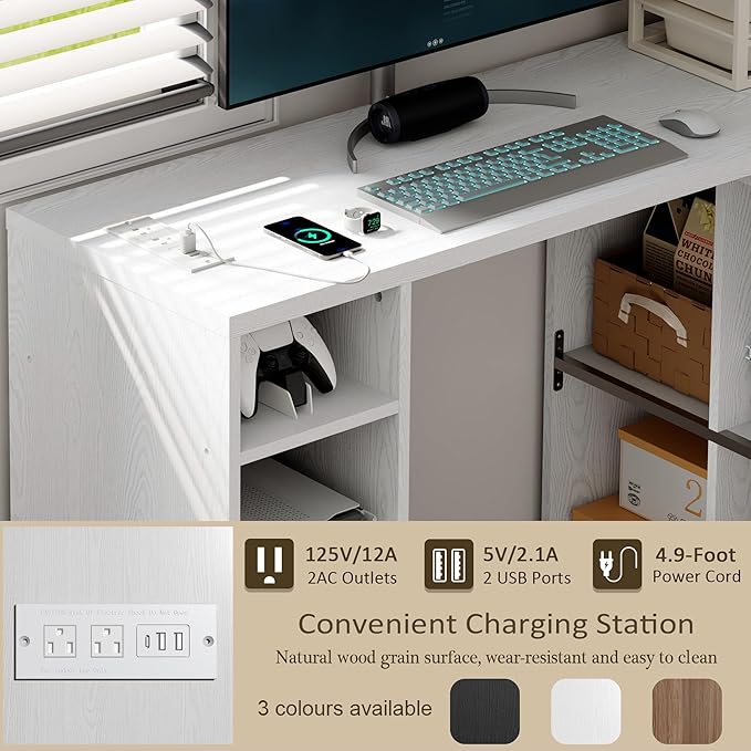 White L-Shaped Computer Desk Table with Charging Station–Small Study Writing Desk with Backless Storage Shelves, 67” Bedroom Side Table & 360°Rotating Desk