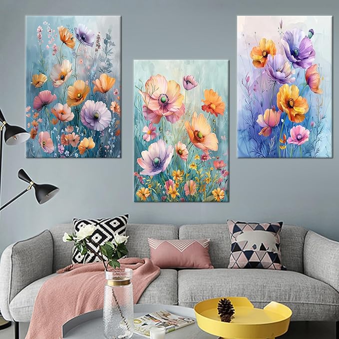 Flower Canvas Print Wall Art Home Decor Modern Colorful Wildflowers Large Size Posters Plant Theme Picture Painting Artwork for Living Room Gym Office Wall Decoration Ready to Hang [72''W x 36''H]