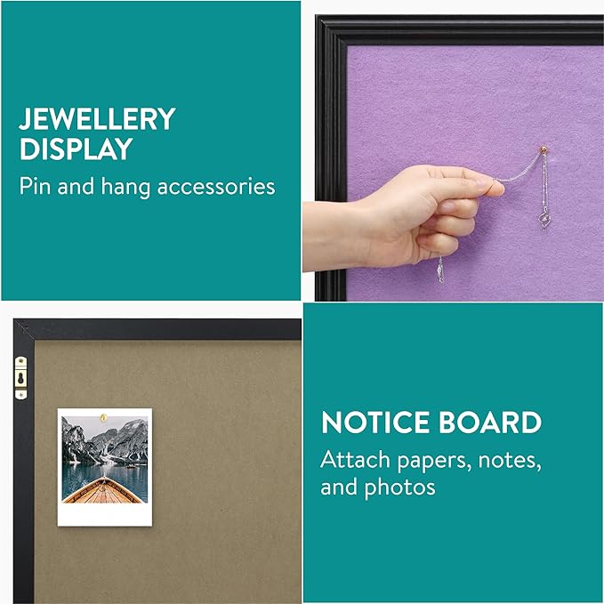Navaris Framed Fabric Bulletin Board - 18 x 24 inches Plush Jewelry Organizer Pinboard for Wall - Memory Memo Pin Board - Purple with Black Frame