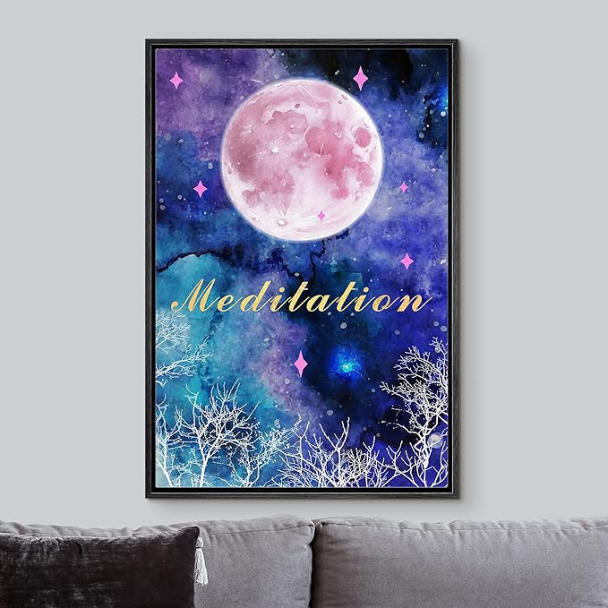 IDEA4WALL Framed Canvas Print Wall Art Meditation Watercolor Galaxy with Pink Moon Astronomy & Space Sky Illustrations Modern Art Glam Colorful for Living Room, Bedroom, Office - 16"x24" BLACK