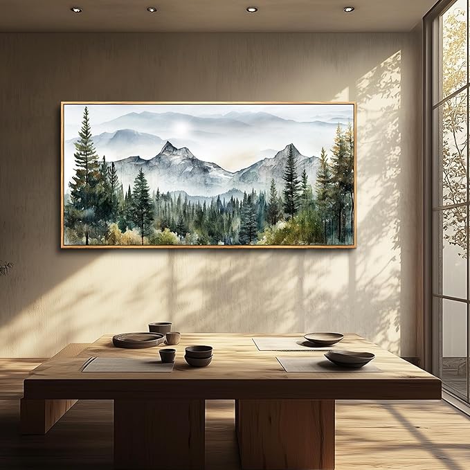 hyidecorart Large Wall Art For Living Room Wood Framed Canvas Wall Decorations For Bedroom Office Wall Decor Abstract Mountain Scenery Paintings Pictures Artworks Ready To Hang Home Decoration