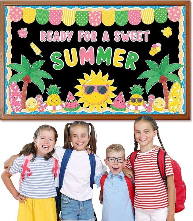 Summer Bulletin Board Decoration Set Beach Bulletin Board Decorations Summertime Hawaiian Paper Cutouts kit Sweet Summer Tropical Theme Decor for School Classroom Home Office Chalkboard Wall Door